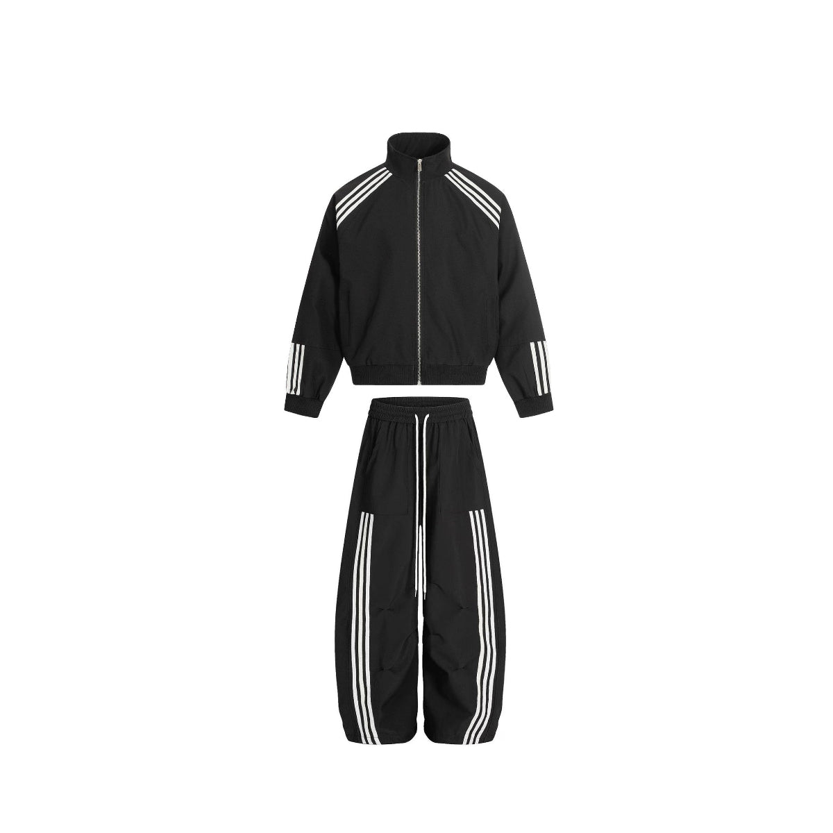 Sports suit men's stand up collar jacket striped three bar splicing pleated wide leg pants