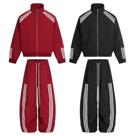 Sports suit men's stand up collar jacket striped three bar splicing pleated wide leg pants