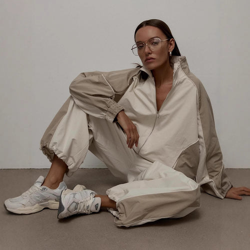 Casual Women's Fashion Color-Blocked Drawstring Tracksuit Set, Two-Piece Sports Jacket and Pants