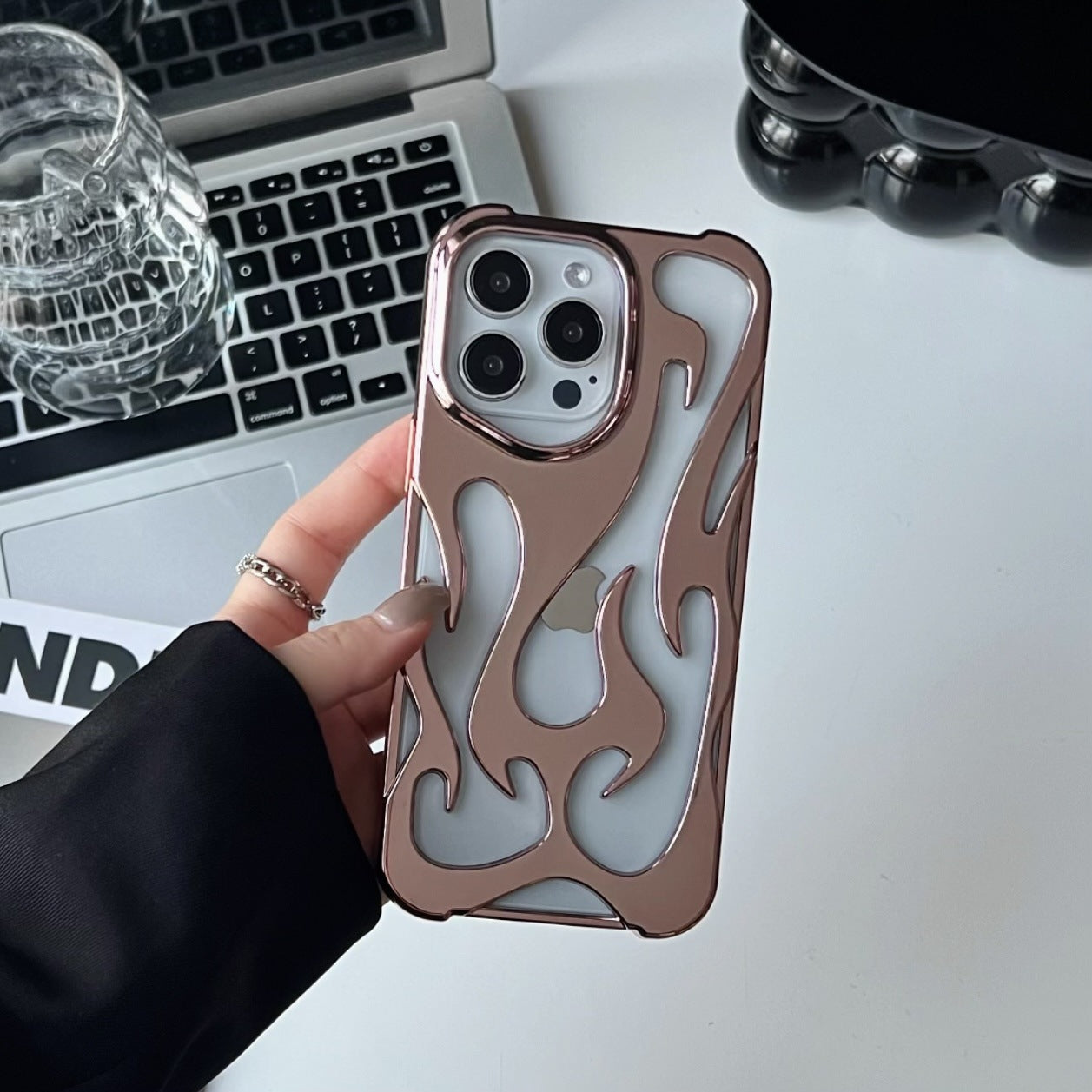 Electroplated hollow flame pattern phone case suitable for iPhone 15 Pro, simple all inclusive, Apple 14 anti drop protective cover