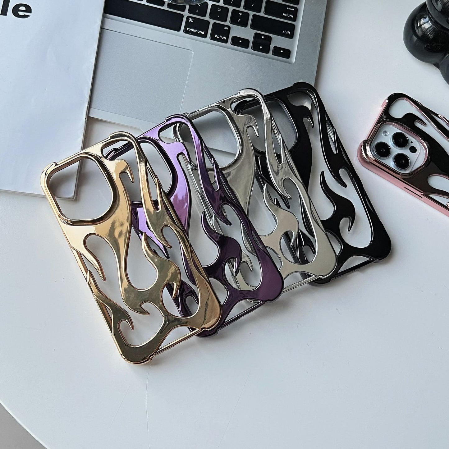 Electroplated hollow flame pattern phone case suitable for iPhone 15 Pro, simple all inclusive, Apple 14 anti drop protective cover