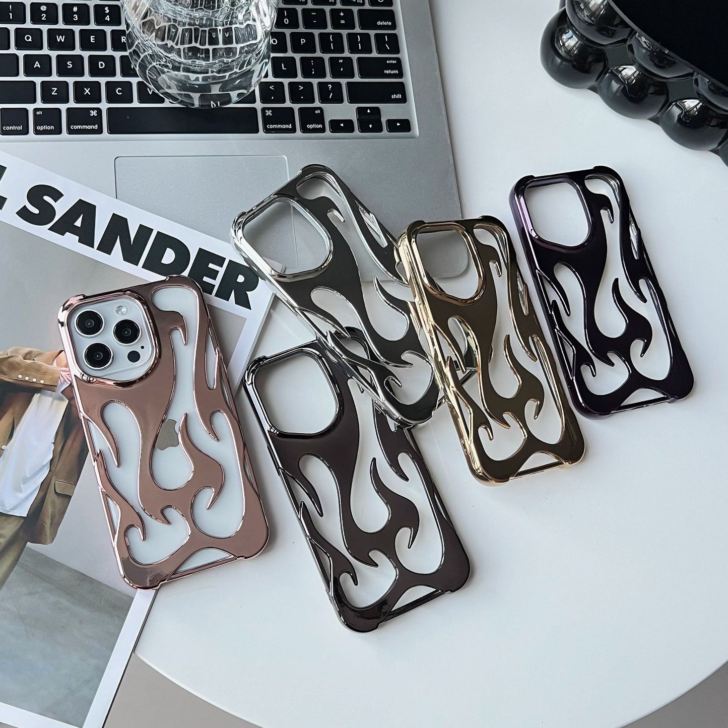 Electroplated hollow flame pattern phone case suitable for iPhone 15 Pro, simple all inclusive, Apple 14 anti drop protective cover
