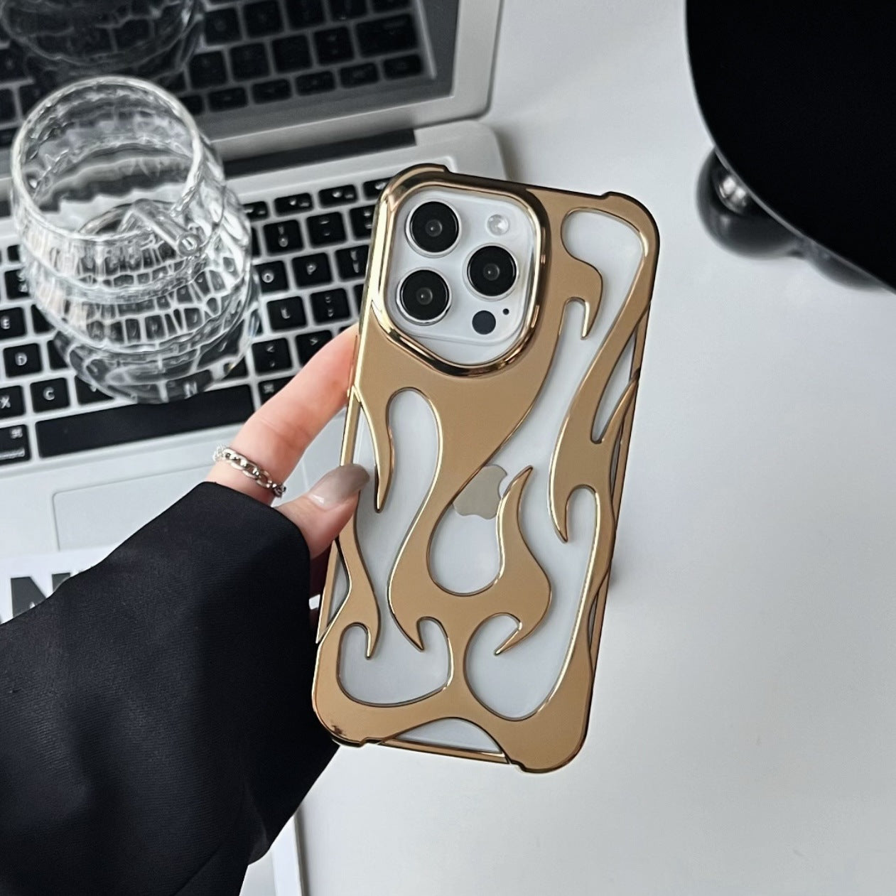 Electroplated hollow flame pattern phone case suitable for iPhone 15 Pro, simple all inclusive, Apple 14 anti drop protective cover